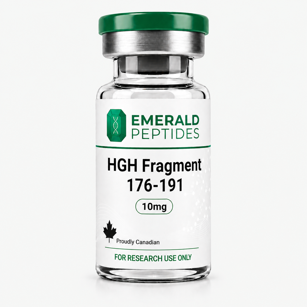 GH Fragment 176-191 research peptide vial — 10 mg lyophilized 16-amino-acid hGH C-terminal fragment, ≥99% HPLC purity, sold in Canada for laboratory use only.