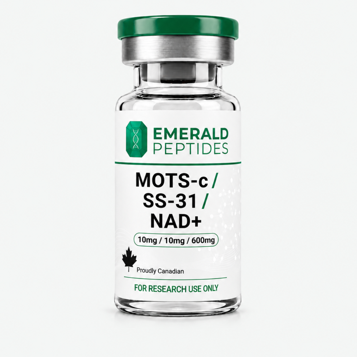 Mito Stack research kit — MOTS-c, SS-31, and NAD+ vials, lyophilized, ≥99% HPLC purity, sold in Canada for laboratory use only.