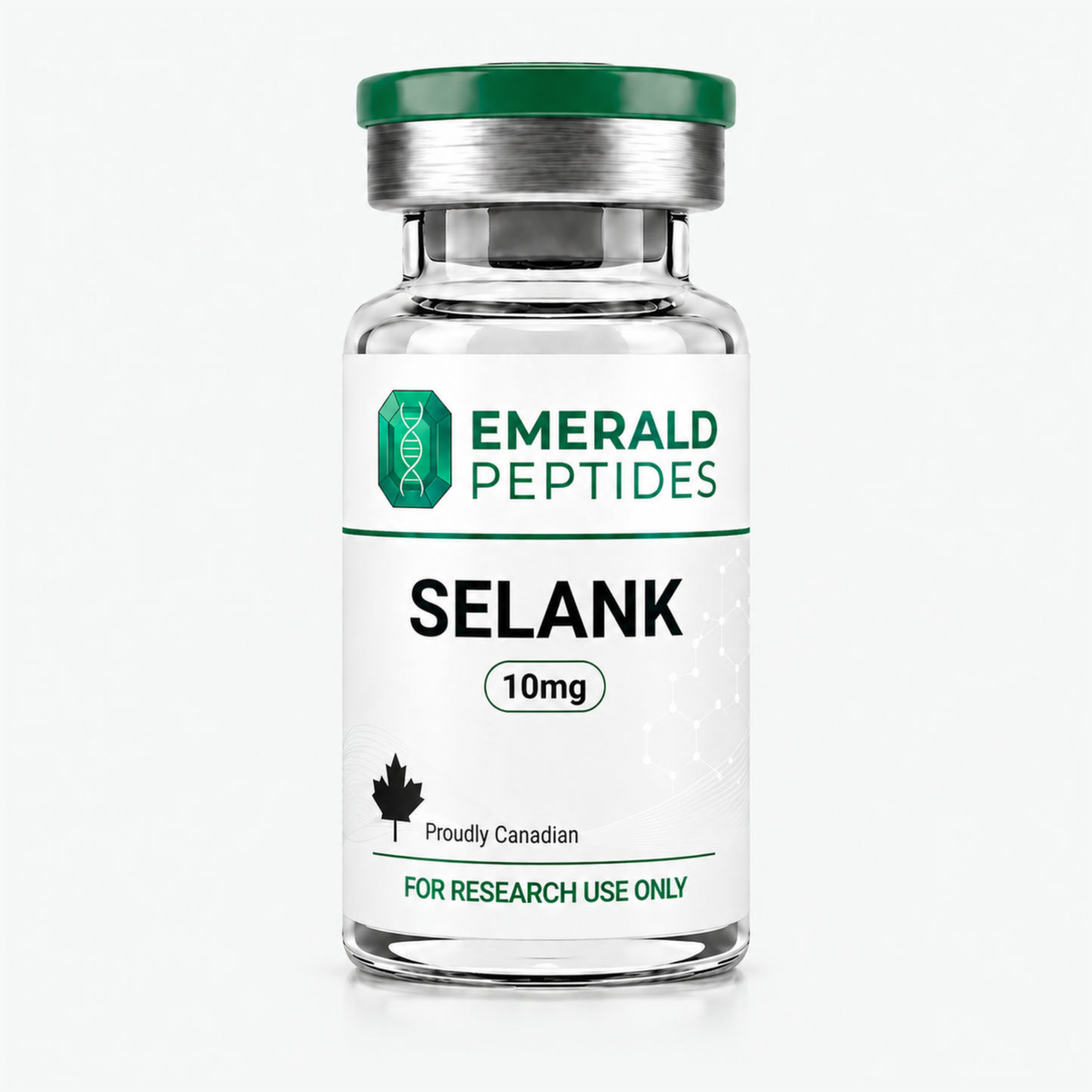 Selank research peptide vial — 10 mg lyophilized tuftsin heptapeptide, ≥99% HPLC purity, sold in Canada for laboratory use only.