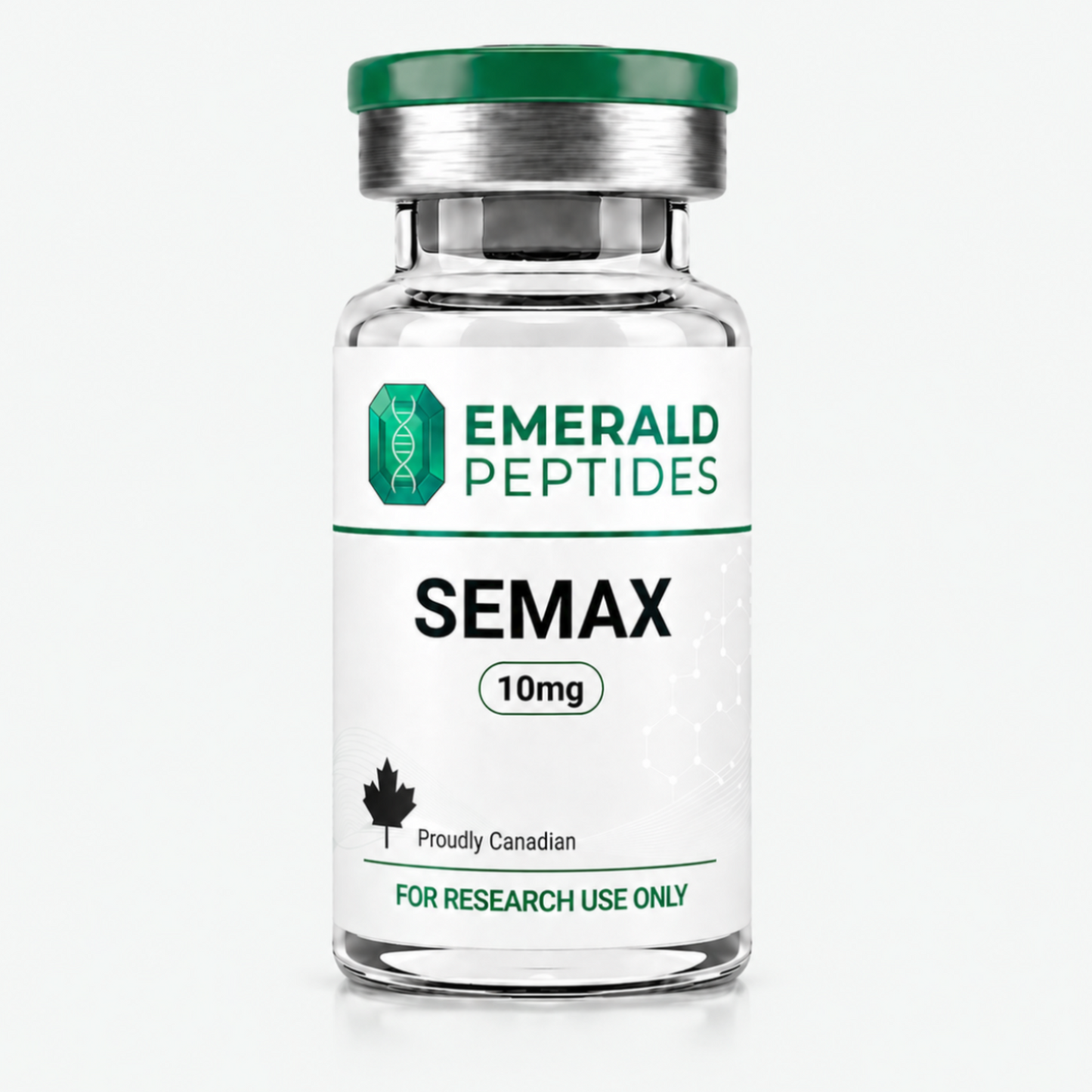 Semax research peptide vial — 10 mg lyophilized ACTH(4-10) analog heptapeptide, ≥99% HPLC purity, sold in Canada for laboratory use only.