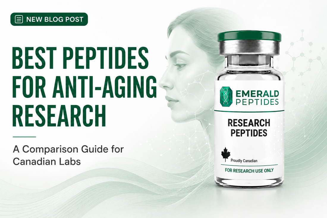 Comparison of research peptides studied in aging and longevity research — NAD+, MOTS-c, SS-31, GHK-Cu, Tesamorelin vials.