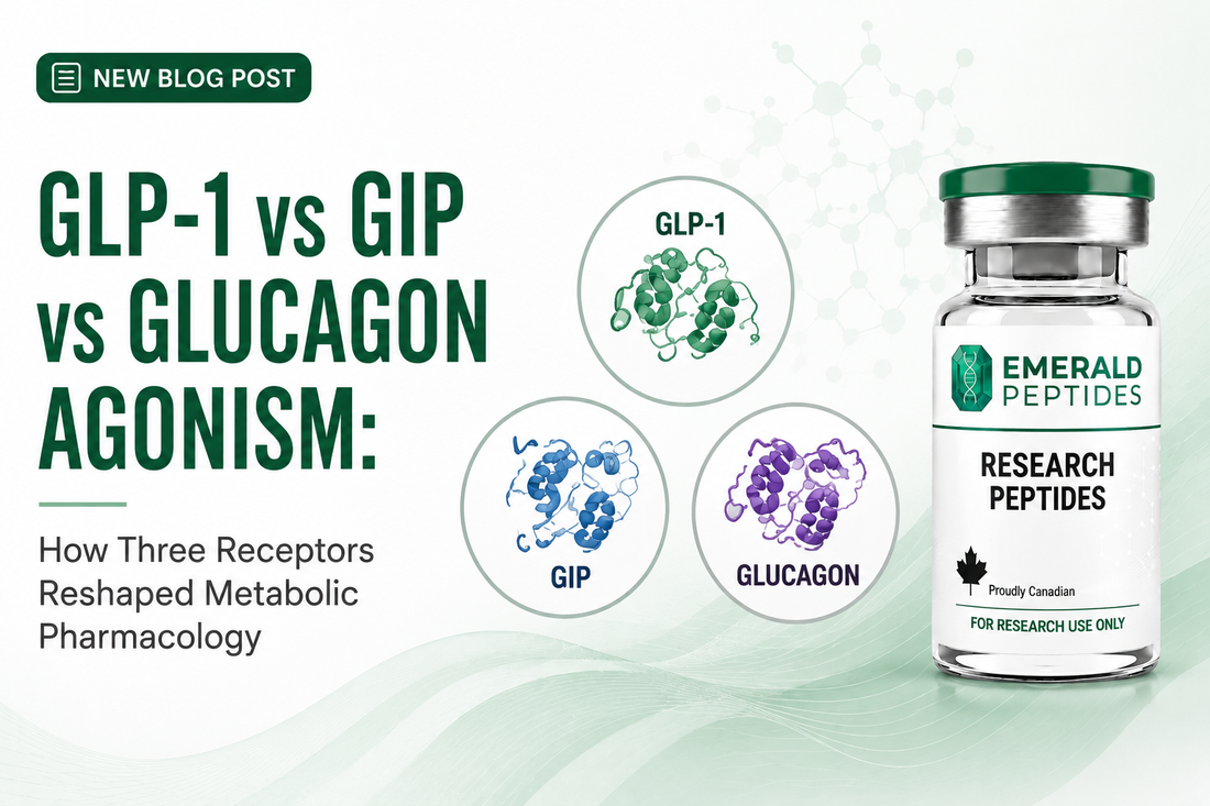 Diagram comparing GLP-1, GIP, and glucagon receptor agonism mechanisms in metabolic research peptides.