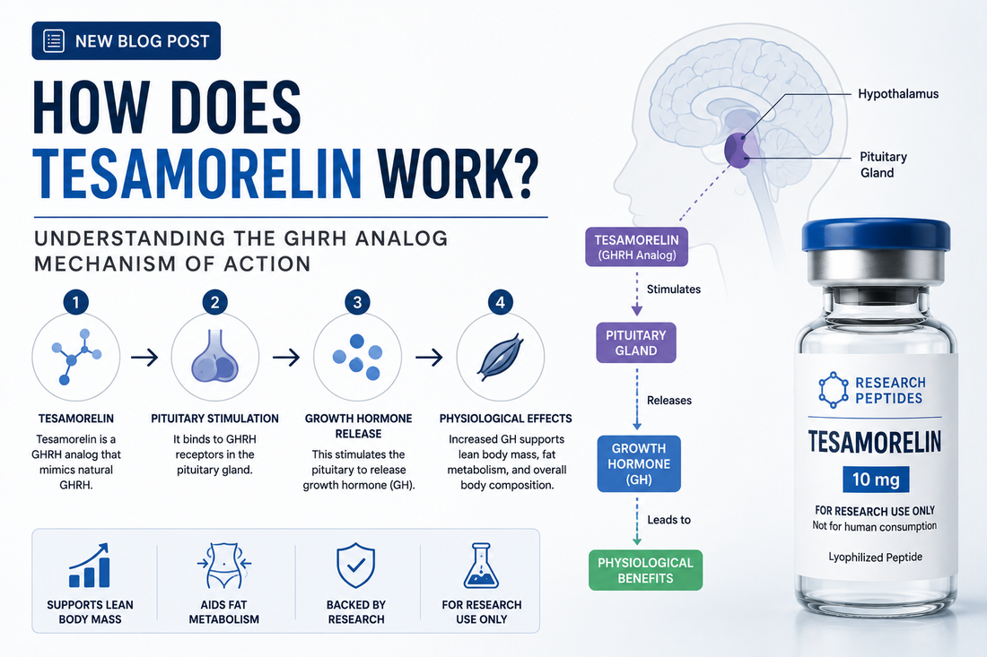 How does Tesamorelin work — GHRH receptor binding at anterior pituitary somatotroph cells triggering pulsatile growth hormone secretion cascade.