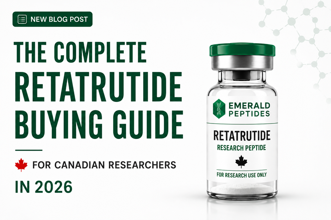 Retatrutide research peptide vial with certificate of analysis, HPLC documentation, and quality verification standards for Canadian laboratory sourcing.