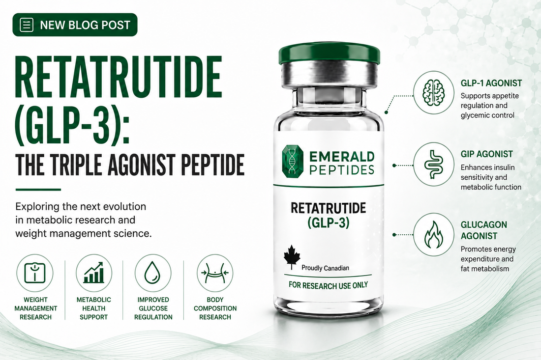 Retatrutide GLP-3 triple agonist research peptide vial — activates GLP-1, GIP, and glucagon receptors for metabolic research.