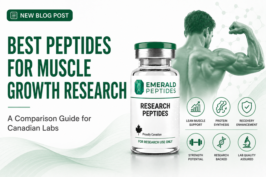 Comparison of research peptides studied in muscle growth and lean mass research — Tesamorelin, BPC-157, TB-500, MOTS-c, HGH Fragment 176-191 vials.
