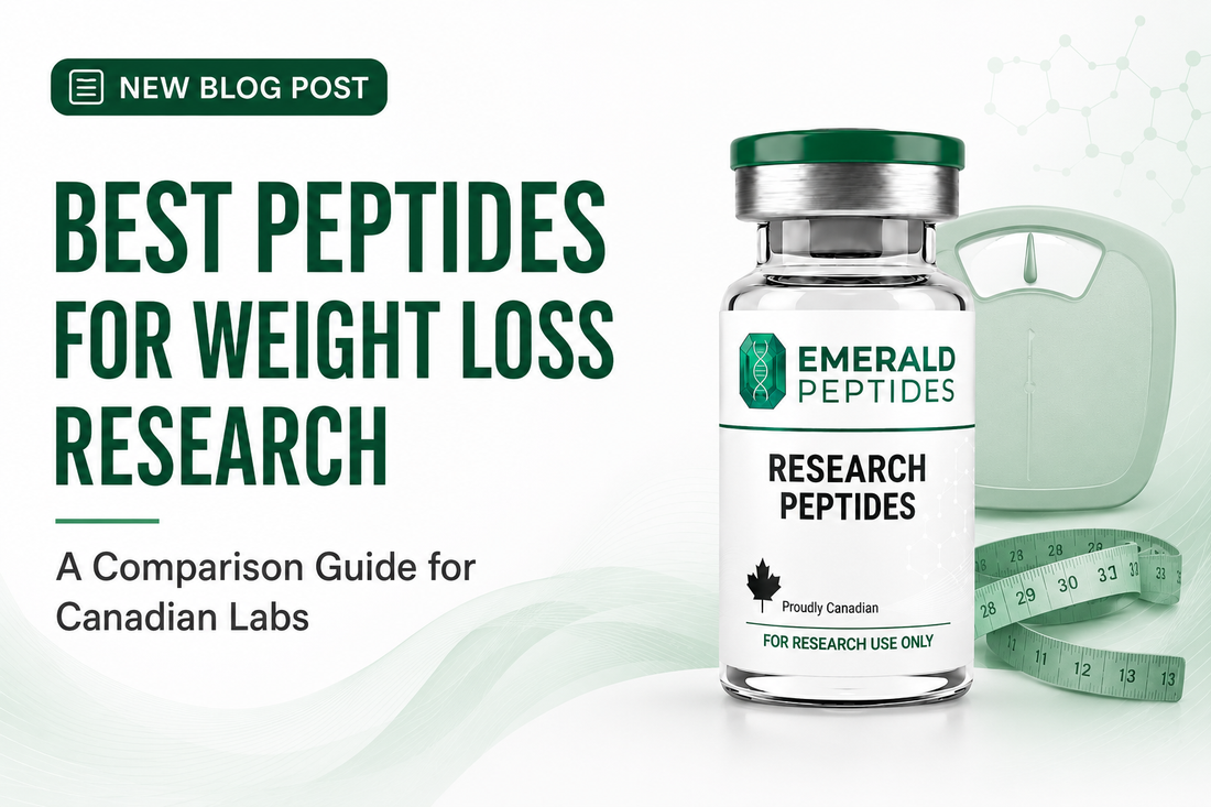 Comparison of research peptides studied in weight loss and adiposity research — Retatrutide, HGH Fragment 176-191, MOTS-c, Tesamorelin, SS-31 vials.