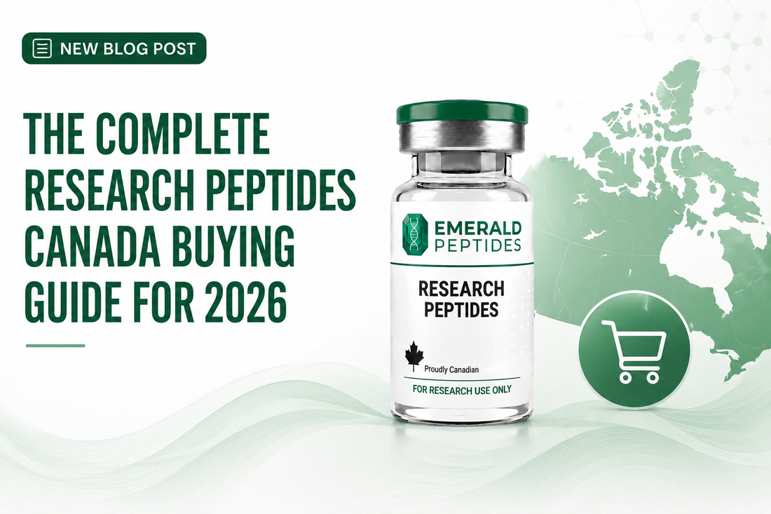 Research peptide vials with certificates of analysis, HPLC documentation, and quality control standards for Canadian laboratory sourcing.