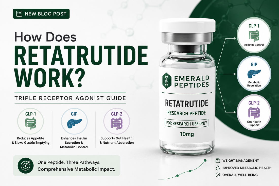How does Retatrutide work — LY3437943 triple hormone receptor agonist mechanism showing GLP-1, GIP, and glucagon receptor engagement for research use.