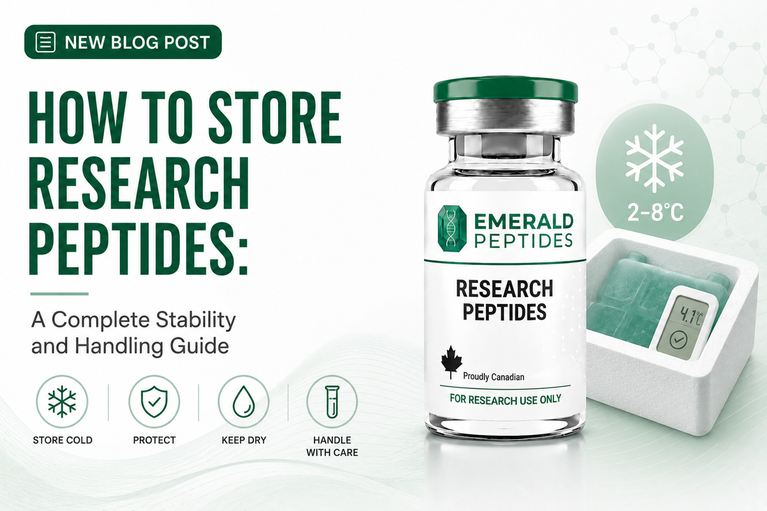 Research peptide vials in refrigerated storage at controlled temperature with batch documentation and stability tracking.