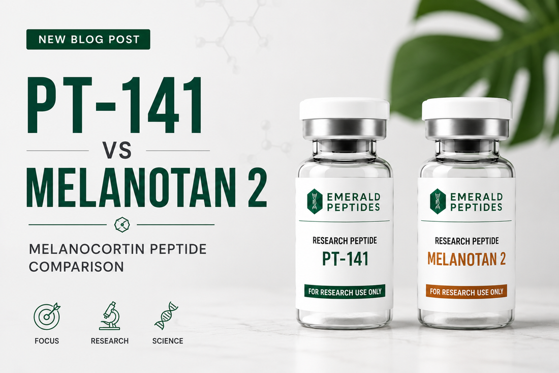 PT-141 vs Melanotan 2 research peptide vials — melanocortin receptor agonist comparison for Canadian laboratory research use.