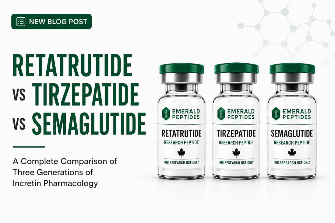 Comparison of incretin-class research peptides — Retatrutide triple agonist, Tirzepatide dual agonist, and Semaglutide single agonist mechanism comparison.