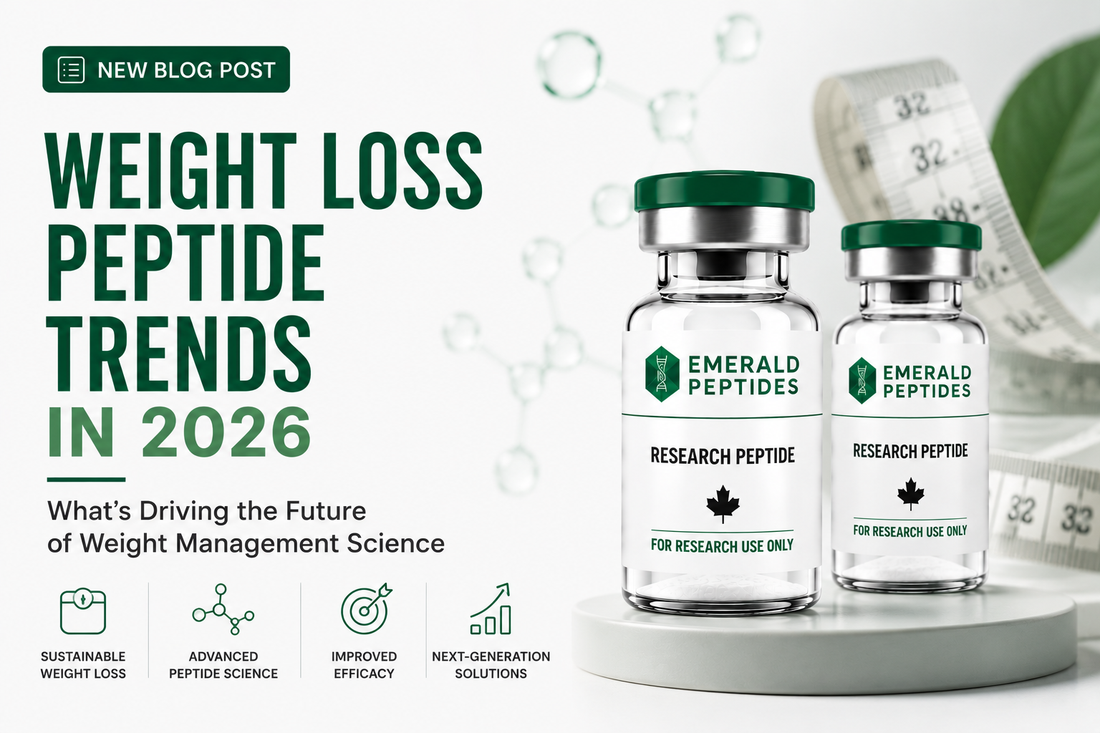 Weight loss research peptide landscape 2026 — Retatrutide, HGH Fragment 176-191, MOTS-c, Tesamorelin compounds shaping metabolic research directions.