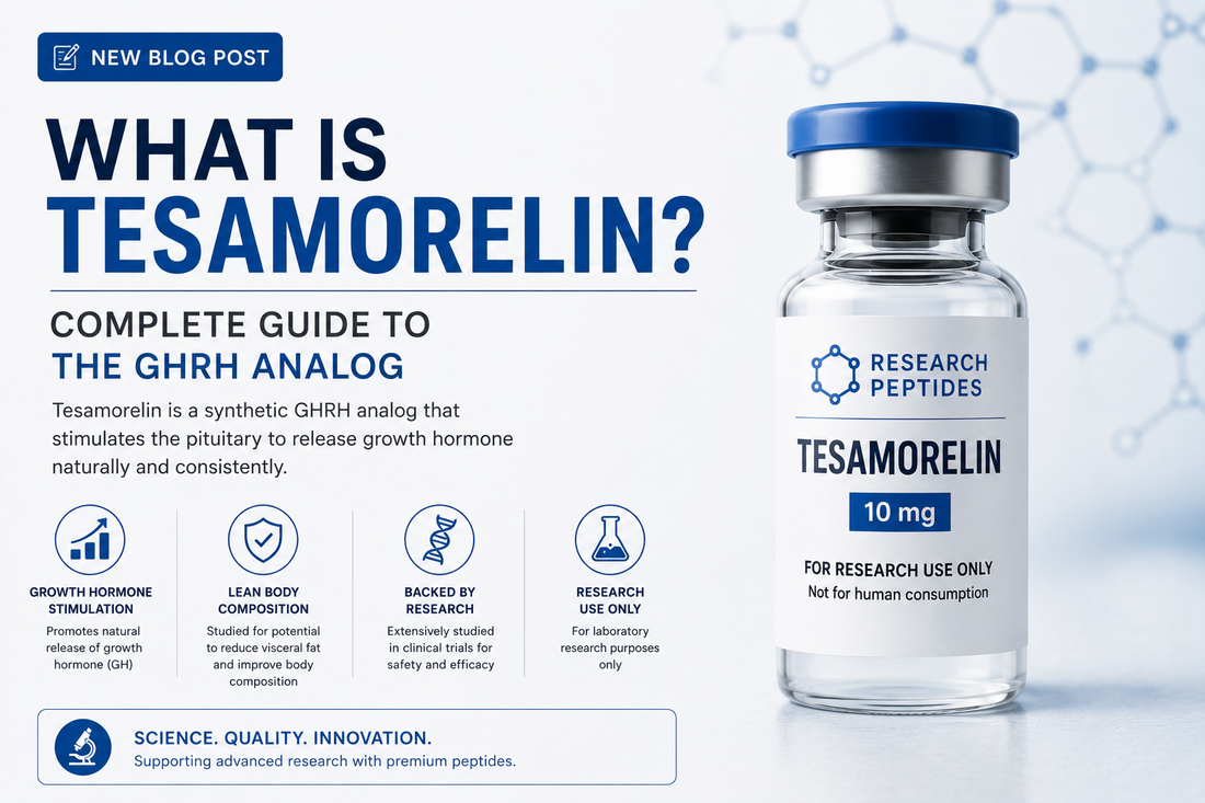 What is Tesamorelin — GHRH(1-44) analog molecular structure and mechanism for growth hormone axis and visceral adiposity research applications.
