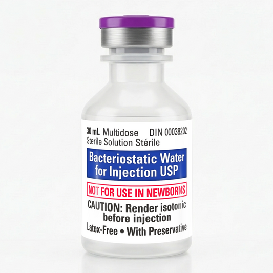 Bacteriostatic water Canada — 30 mL multi-dose vial, 0.9% benzyl alcohol USP-grade, sold in Canada for laboratory research use only.