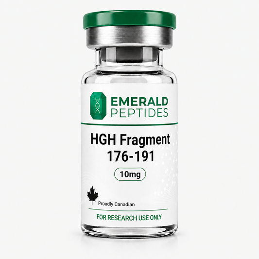 GH Fragment 176-191 research peptide vial — 10 mg lyophilized 16-amino-acid hGH C-terminal fragment, ≥99% HPLC purity, sold in Canada for laboratory use only.