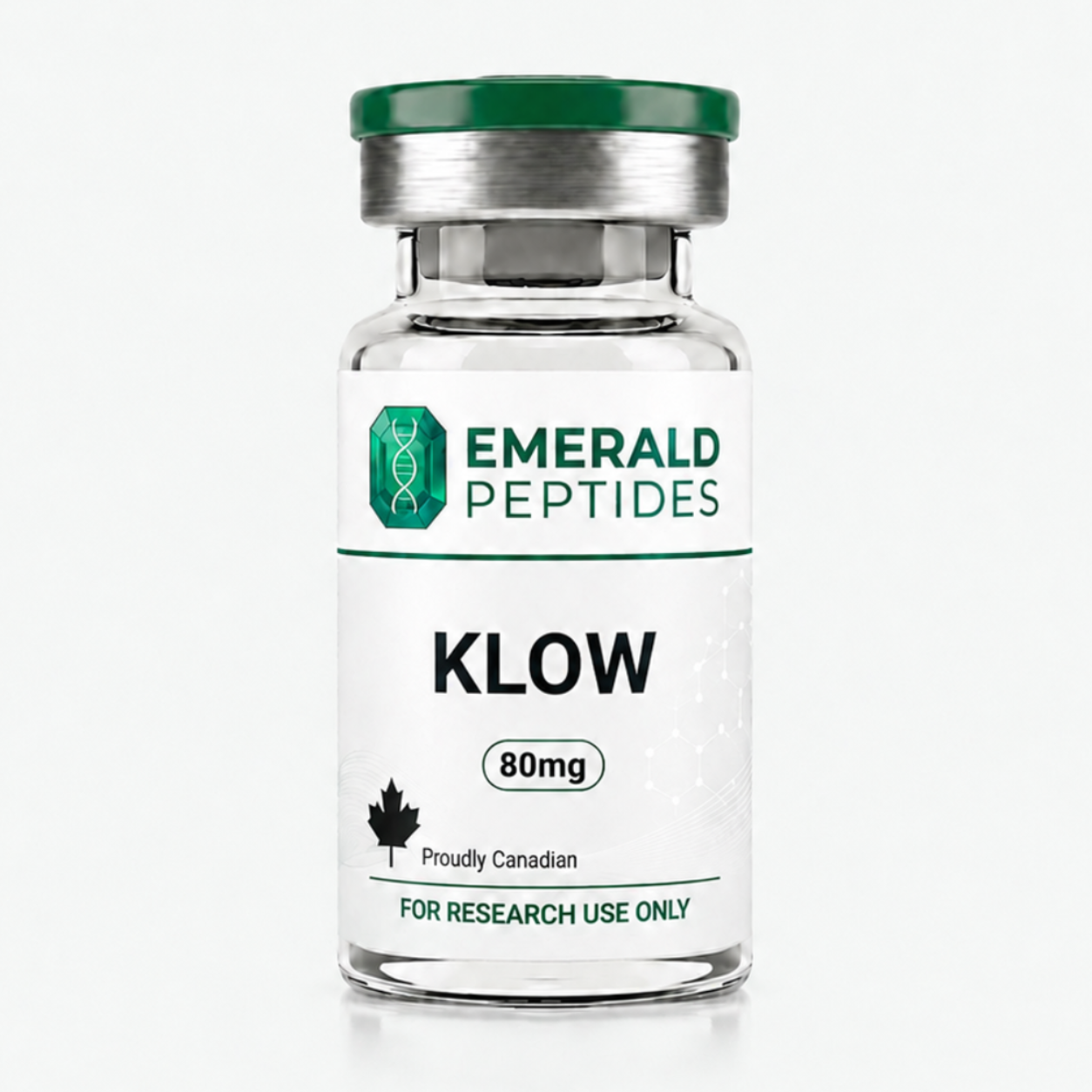 KLOW Stack research kit — four matched-batch vials containing BPC-157, TB-500, KPV, and GHK-Cu for multi-mechanism regenerative research.