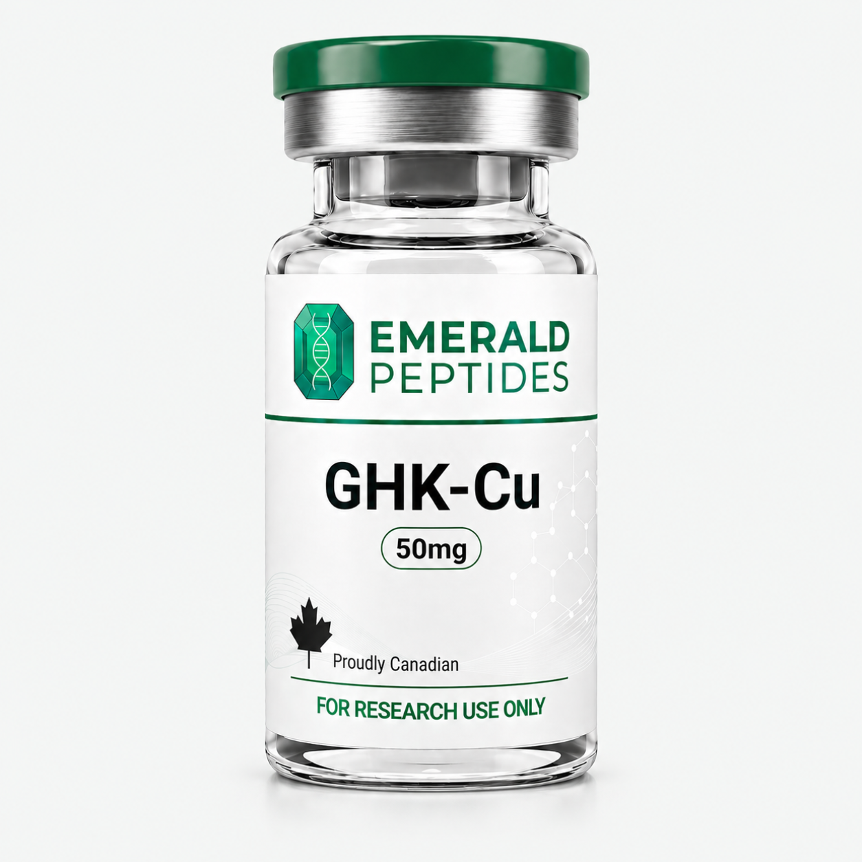 GHK-Cu research peptide vial — 50 mg lyophilized copper tripeptide complex, ≥99% HPLC purity, sold in Canada for laboratory use only.