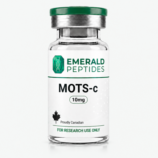 MOTS-c research peptide vial — 10 mg lyophilized 16-amino-acid mitochondrial-derived peptide, ≥99% HPLC purity, sold in Canada for laboratory use only.