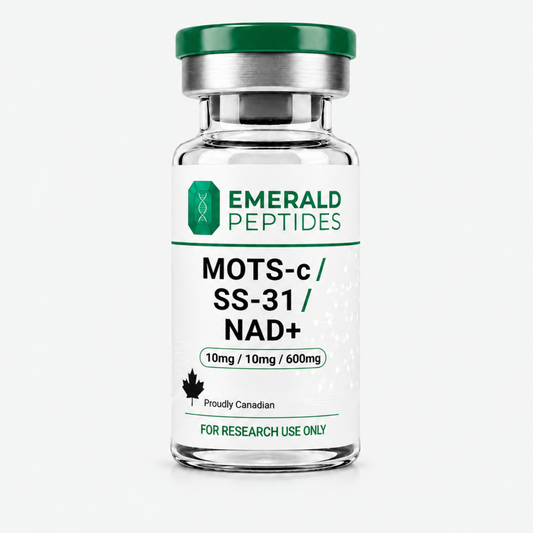 Mito Stack research kit — MOTS-c, SS-31, and NAD+ vials, lyophilized, ≥99% HPLC purity, sold in Canada for laboratory use only.