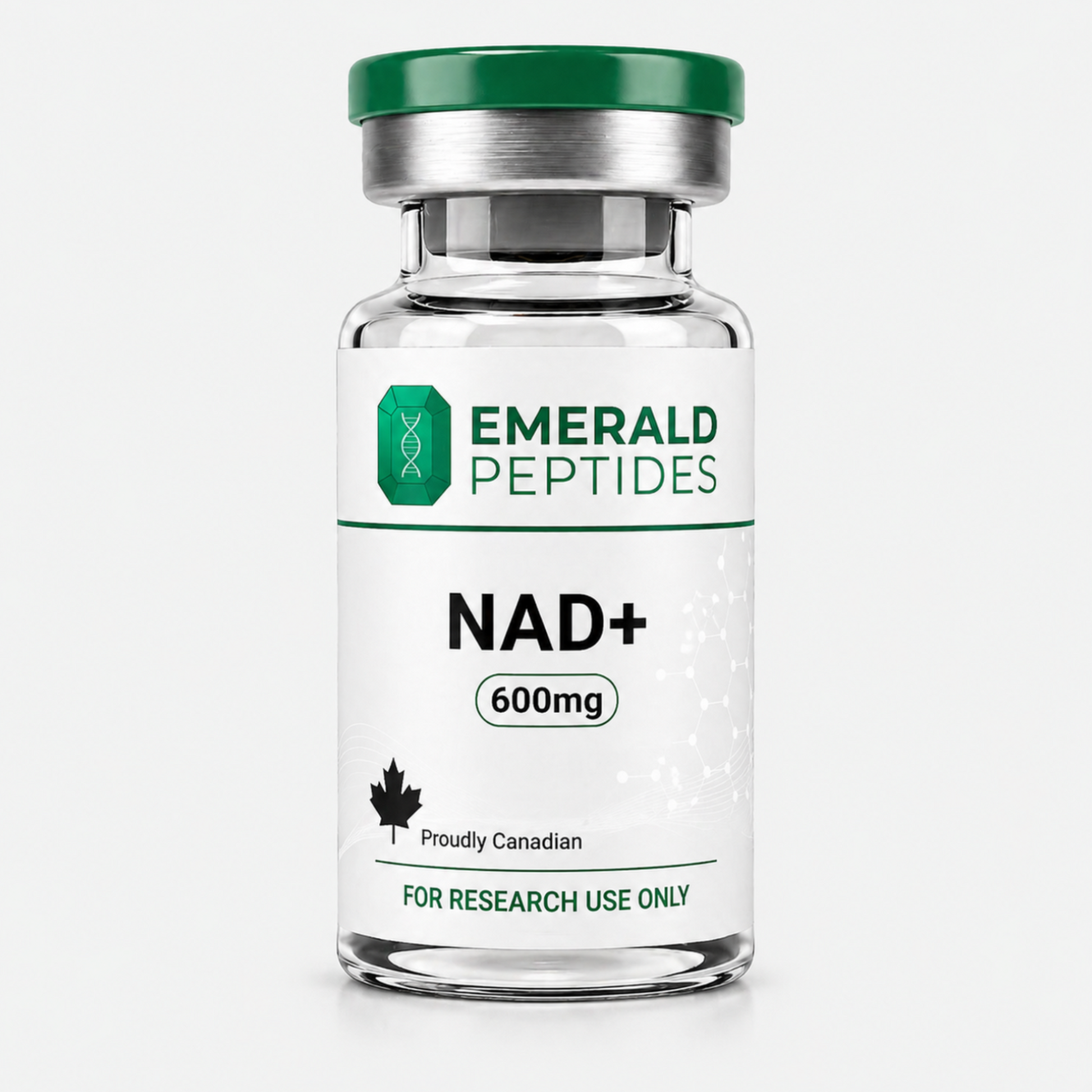 NAD+ research compound vial — 600 mg lyophilized β-nicotinamide adenine dinucleotide, ≥99% HPLC purity, sold in Canada for laboratory use only.