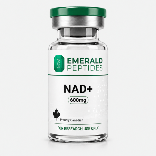 NAD+ research compound vial — 600 mg lyophilized β-nicotinamide adenine dinucleotide, ≥99% HPLC purity, sold in Canada for laboratory use only.