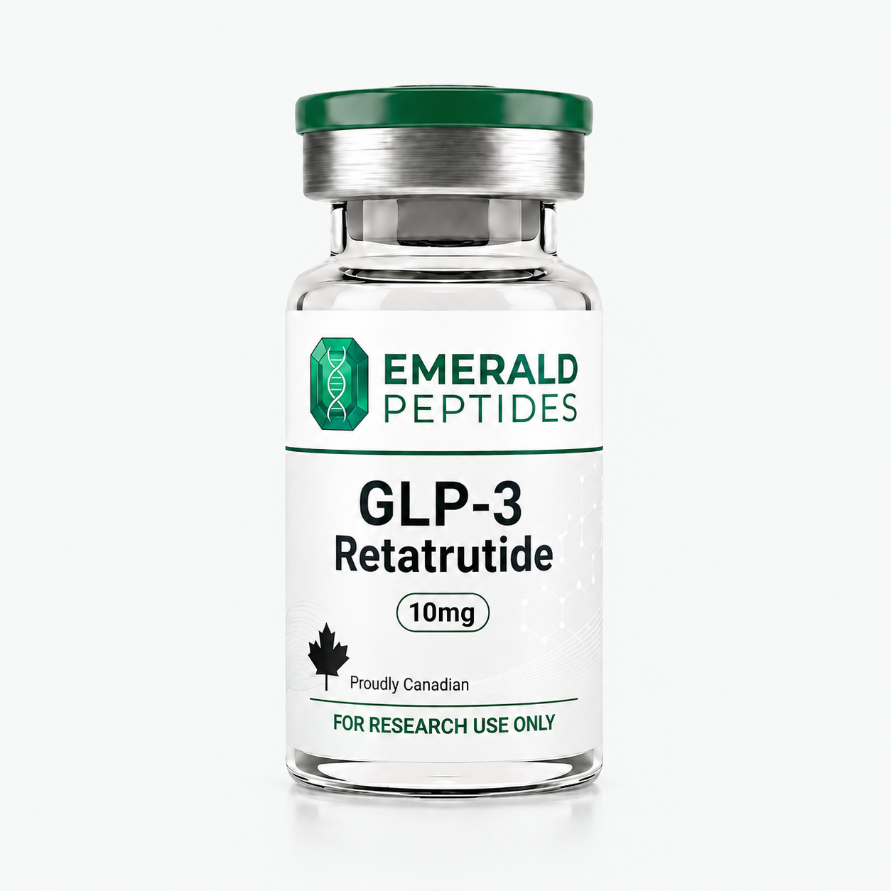 Retatrutide research peptide vial — 10 mg lyophilized, ≥99% HPLC purity, sold in Canada for laboratory use only.