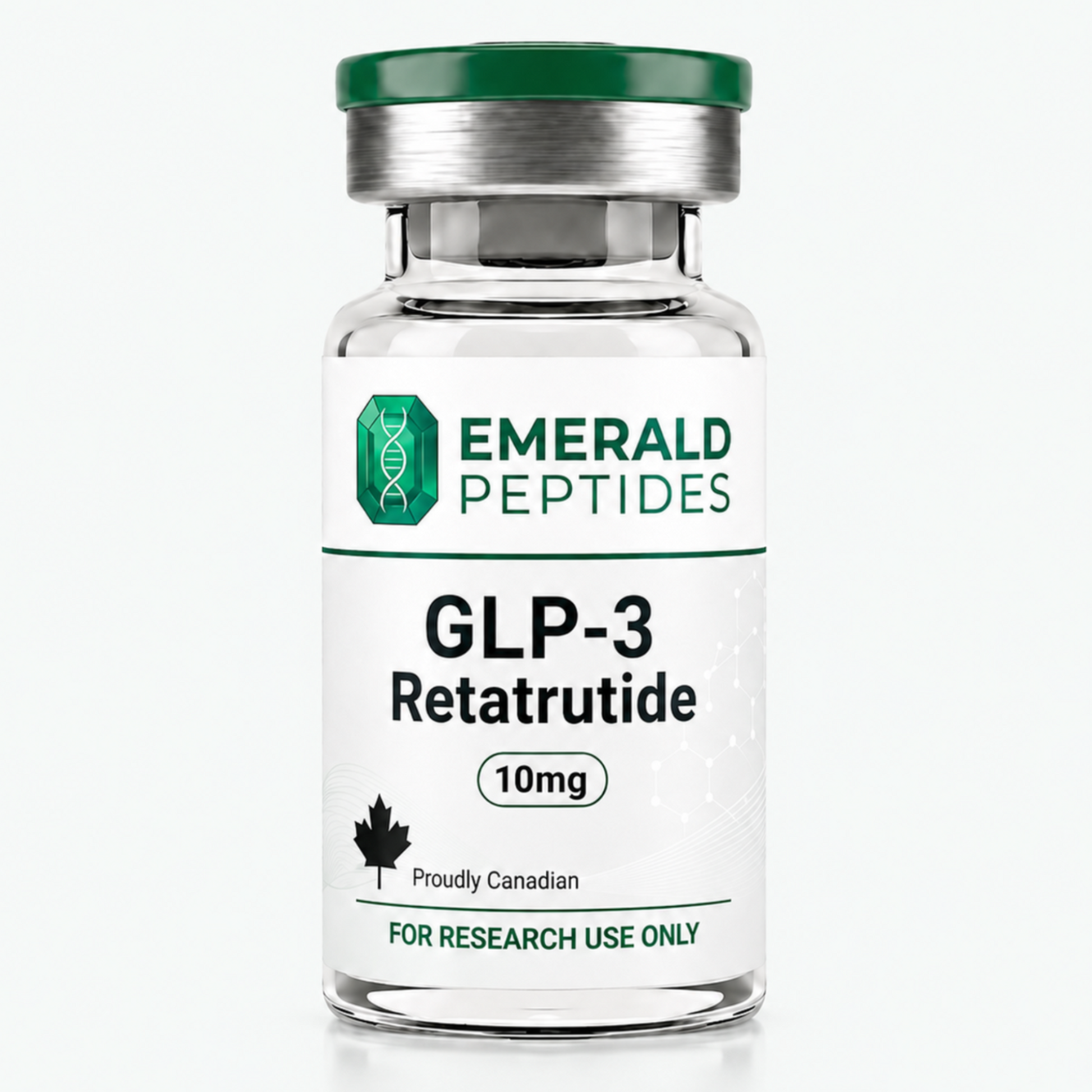 Retatrutide research peptide vial — 10 mg lyophilized, ≥99% HPLC purity, sold in Canada for laboratory use only.