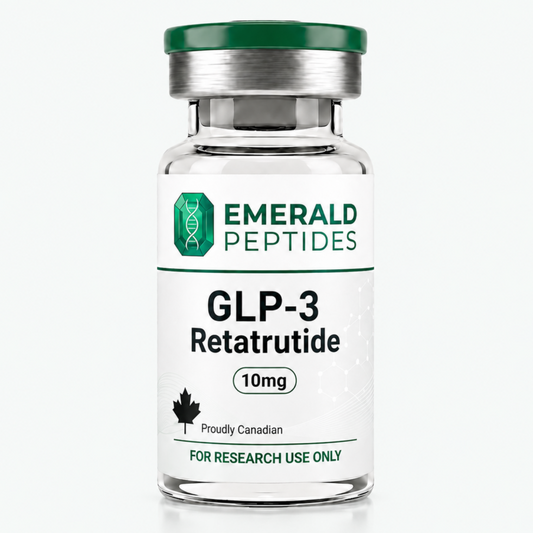 Retatrutide research peptide vial — 10 mg lyophilized, ≥99% HPLC purity, sold in Canada for laboratory use only.