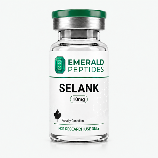 Selank research peptide vial — 10 mg lyophilized tuftsin heptapeptide, ≥99% HPLC purity, sold in Canada for laboratory use only.