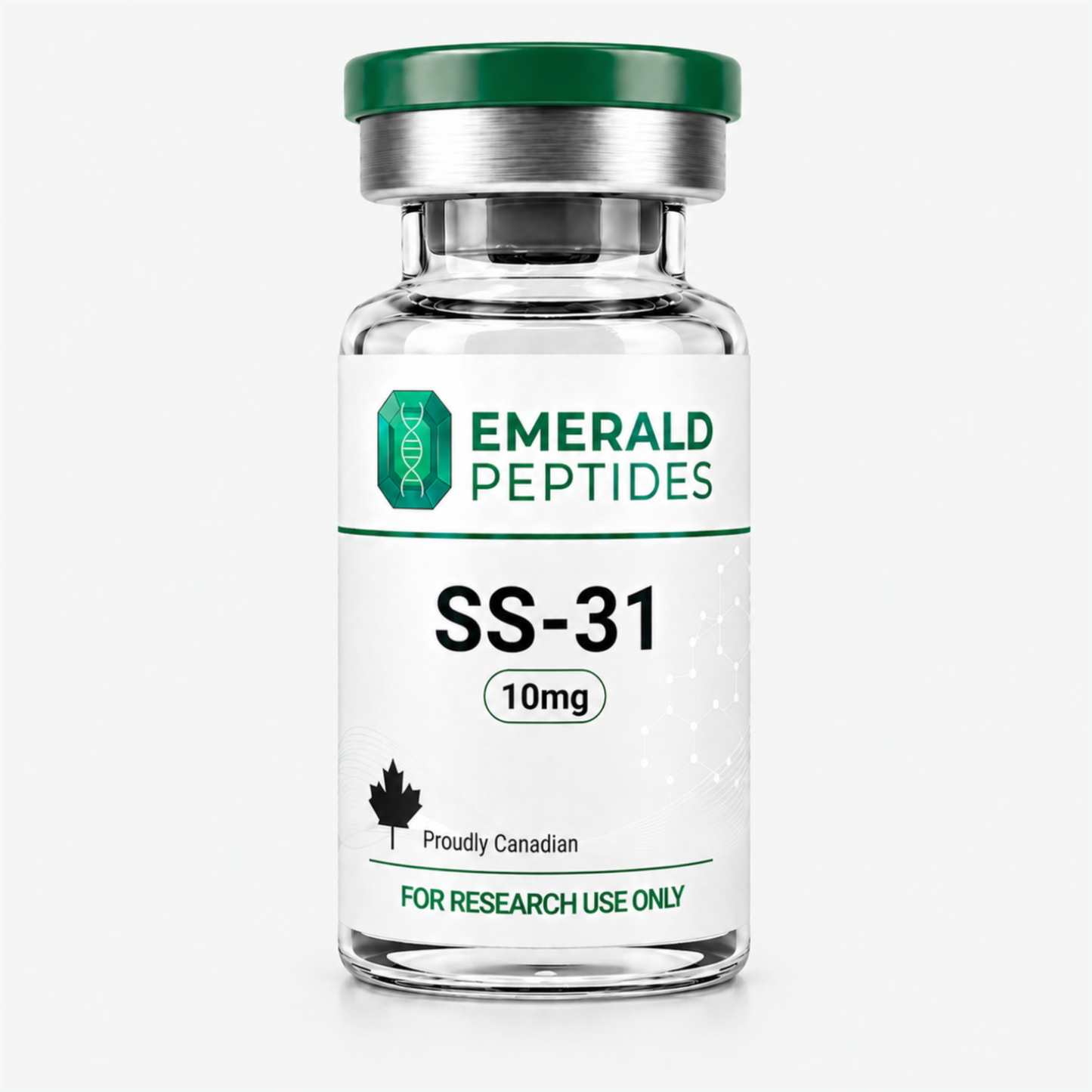 SS-31 research peptide vial — 10 mg lyophilized Szeto-Schiller tetrapeptide, ≥99% HPLC purity, sold in Canada for laboratory use only.